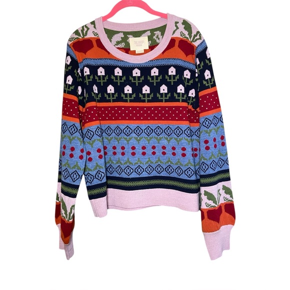 Anthropologie The Good Friends Davie Fair Isle Sweater Birdhouses L Wool Blend - Picture 2 of 6
